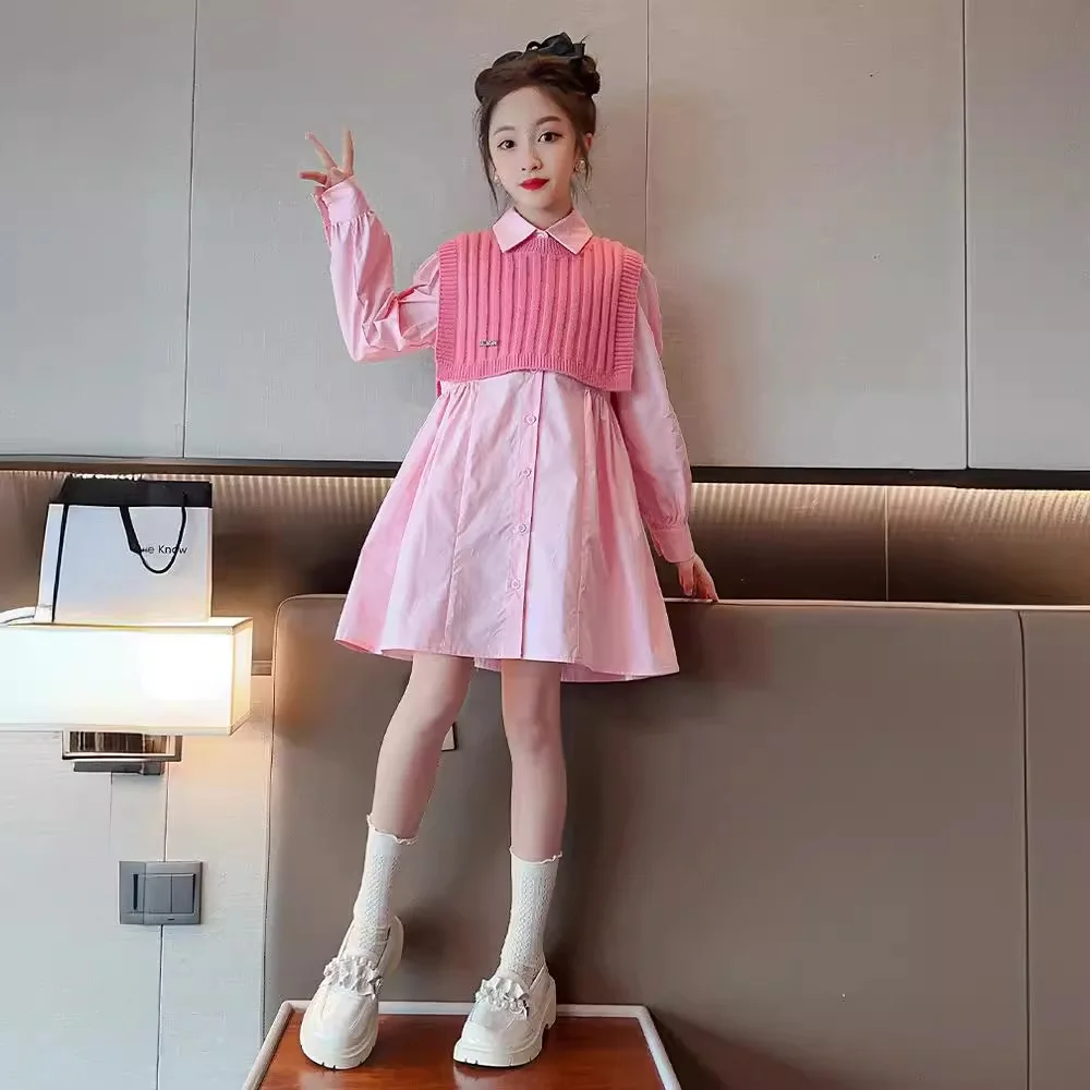 2024 Korean Spring Autumn Children Girl 2PCS Clothes Set Teenager Girl Long Sleeve Dress+knitted Shawl School Girl 2-Piece Sets