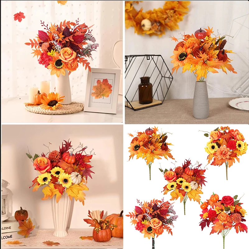 

Artificial Maple Leaf Branches Autumn Pumpkin Branches Simulated Leaves Halloween Thanksgiving Table Decorations