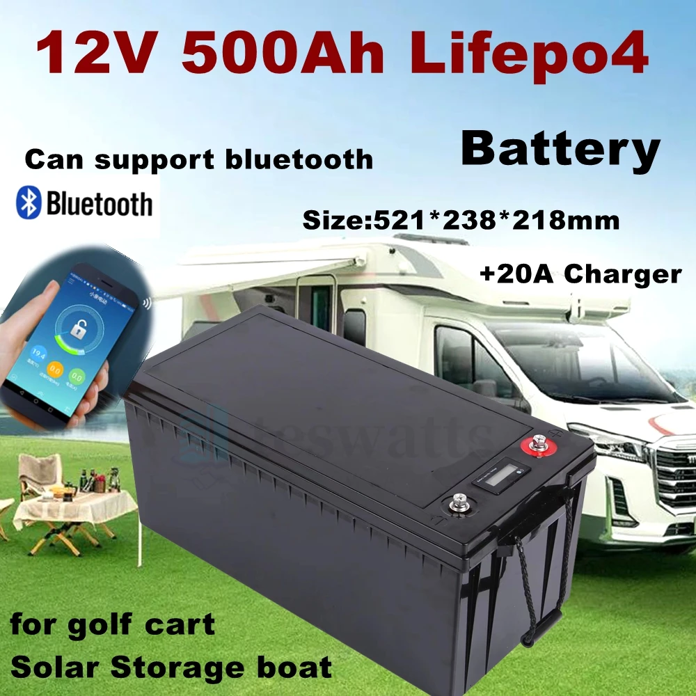 waterproof 12V 500AH Lifepo4 battery lithium bluetooth BMS APP 4S 12.8V 500Ah for golf cart Solar Storage boat +20A charger.