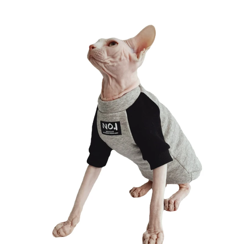 Autumn and Winter Fleece Trendy Brand Sweatshirt Contrast Design Sphynx Hairless Cat Devon Clothes