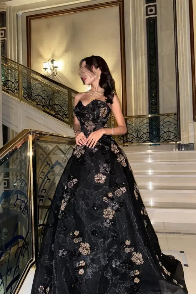 

Arabia Luxury Black Gold Silver Beaded Evening Dresses Strapless Sweetheart Neck Mermaid Gown For Gala & Prom