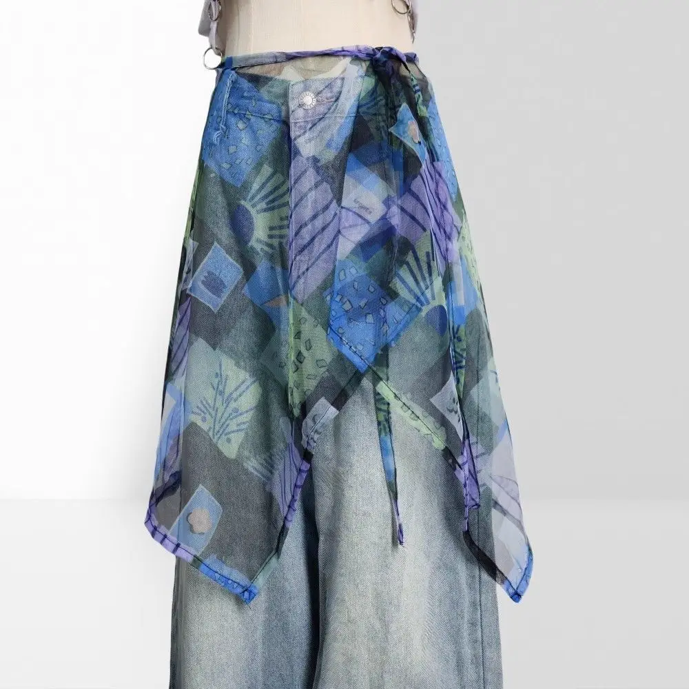 

Kimotimo Summer Graffiti Tie Dye Print Mesh One Piece Skirt Women Y2k Aesthetic Lace Up Waist Overlap A-line Skirts Harajuku New