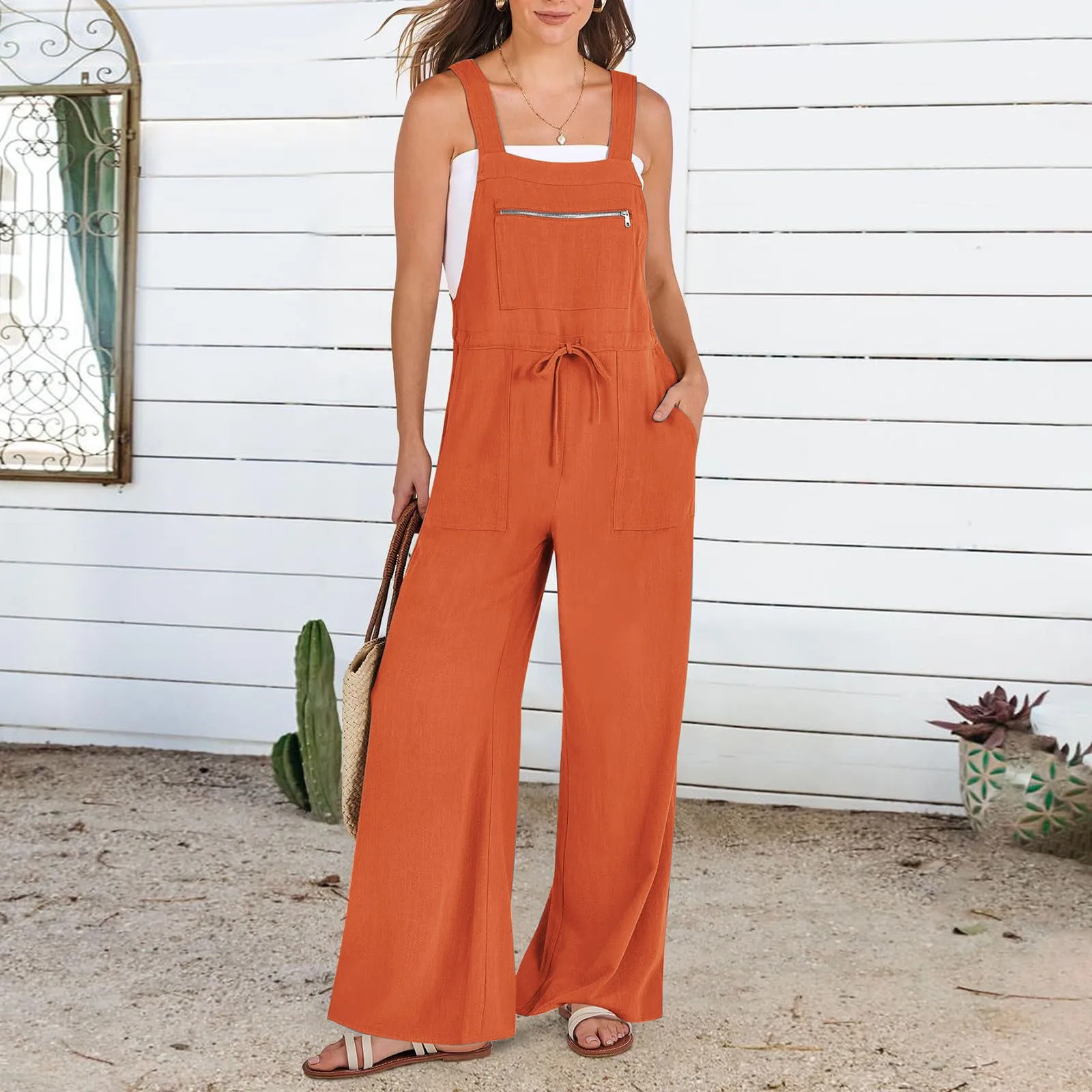 

Summer Strap Jumsuit 2024 Solid Color New Streetwear y2k Overall With Zipper Pockets Sleevelss Lace Up Loose Wide Leg Trousers