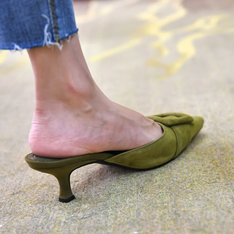 big size 42 basic style shoes kid suede french style buckle slippers Women pump pointed toe Woman Summer sandals Lady mules