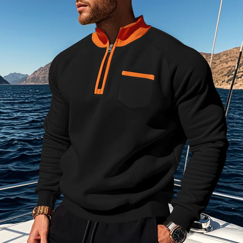 Men-Fleece-Lined-Half-Zip-Sweatshirt-Stand-Collar-Color-Block-Pocket-Pullover-Autumn-Winter-Loose-Casual-Warm-Long-Sleeve-Tops