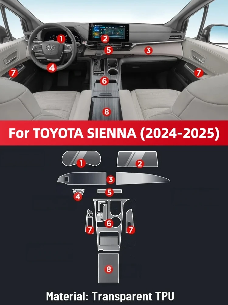 For TOYOTA SIENNA 2024 2025 Car Interior Film Instrument Center Console Navigation Screen Gear Transparent TPU Protective Film