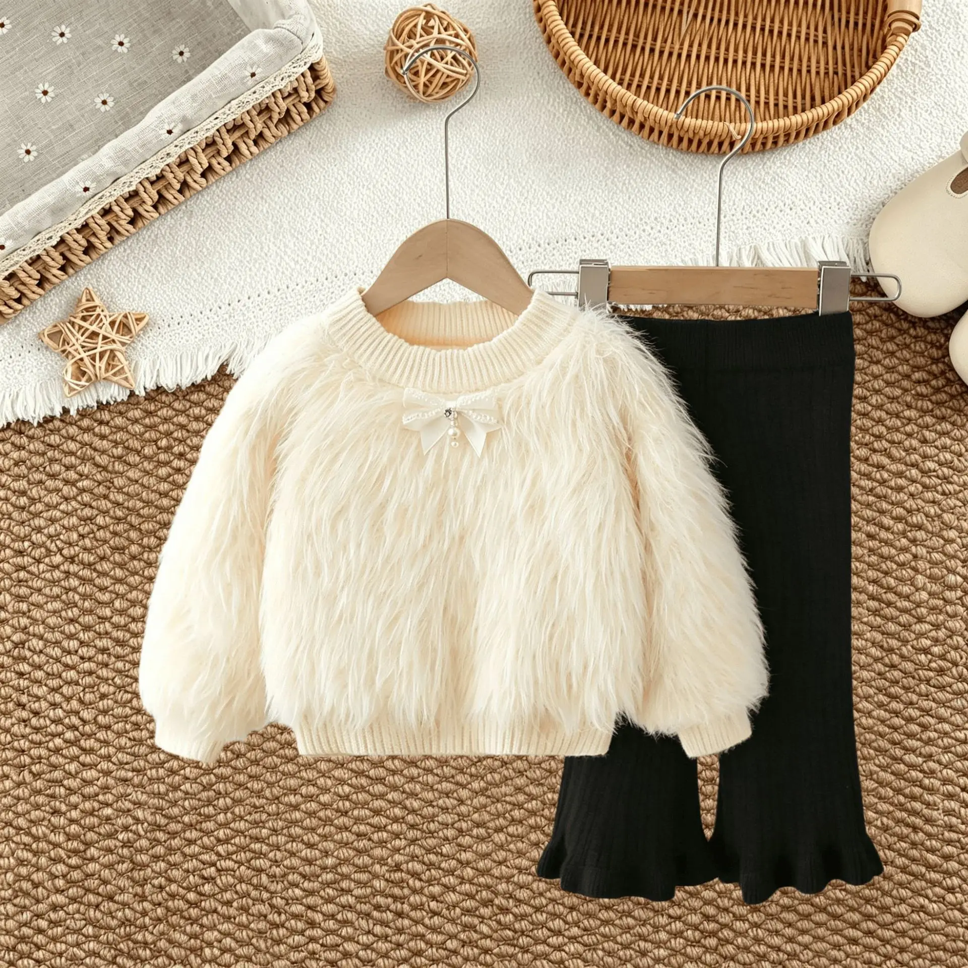 Girls Knitted Clothes Sets Autumn Winter Children's Fur Coats Pants 2pcs Woolen Jersey Sweaters Suit For Baby Outfits Kids 5 6Y