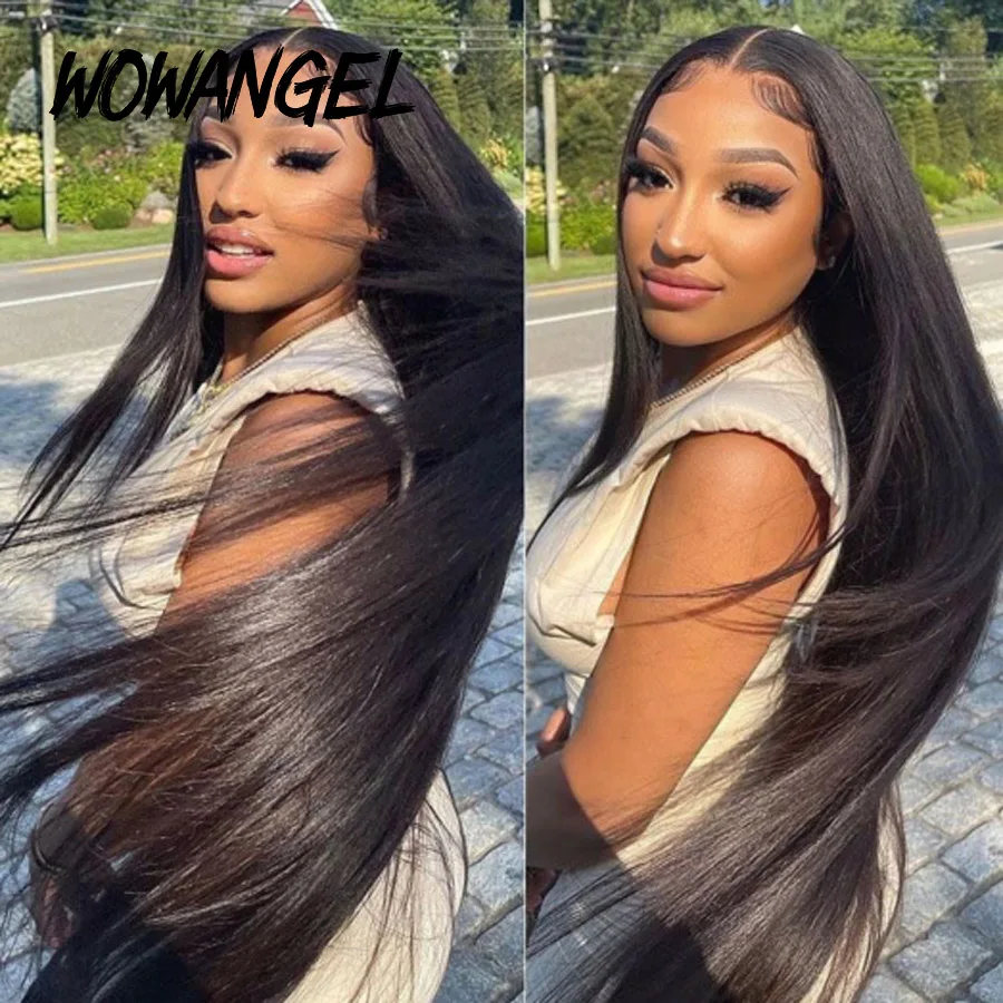 Wow Angel 36 cali 13x6 HD koronkowe przednie peruki z ludzkich włosów proste włosy niepoddawane zabiegom pełne przednie peruki dla kobiety naturalne skóry głowy Melt skórki