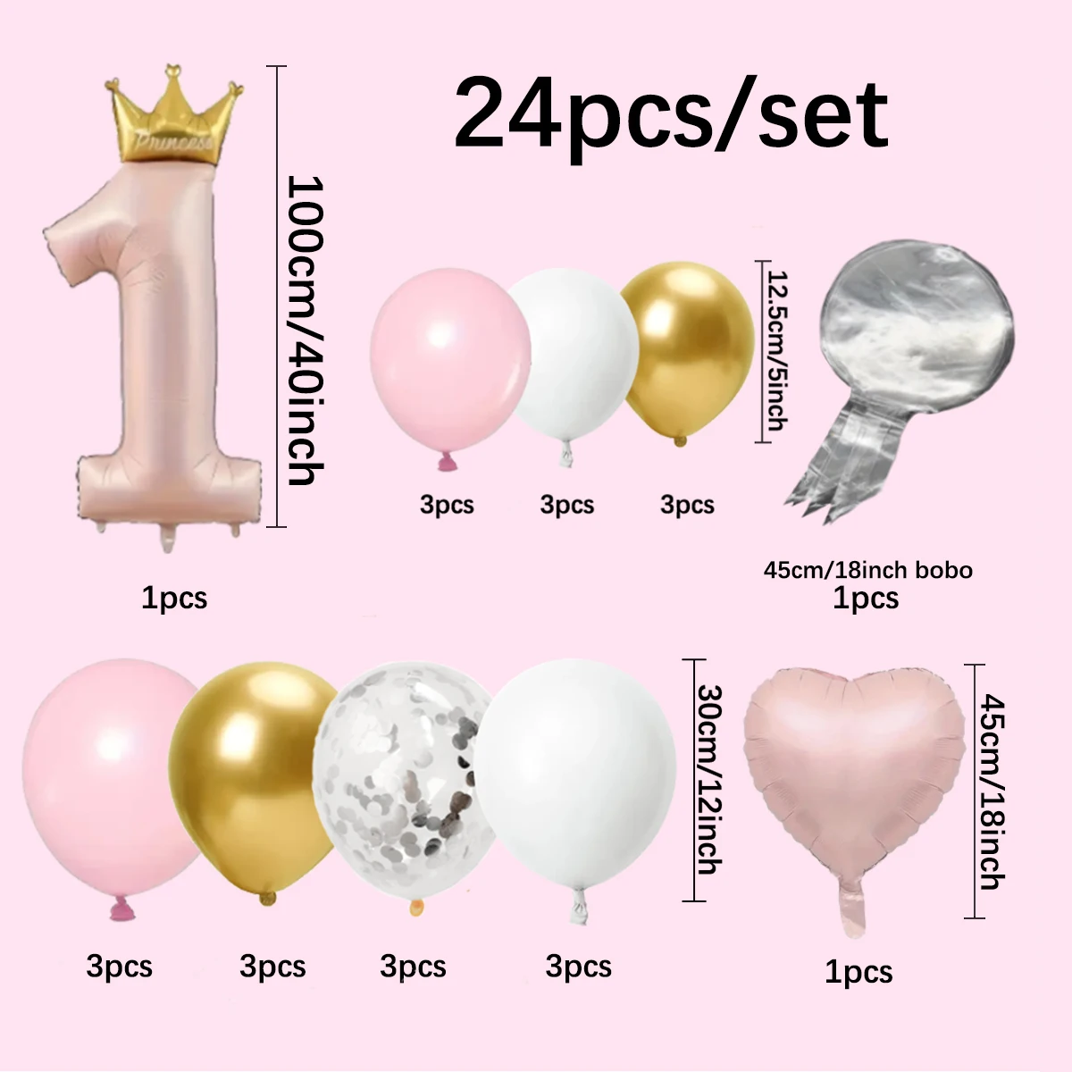 24pcs 1-year-old Crown Aluminum Film Balloon for Boys and Girls Birthday Party, One Year Decoration, Birthday Decoration Balloon