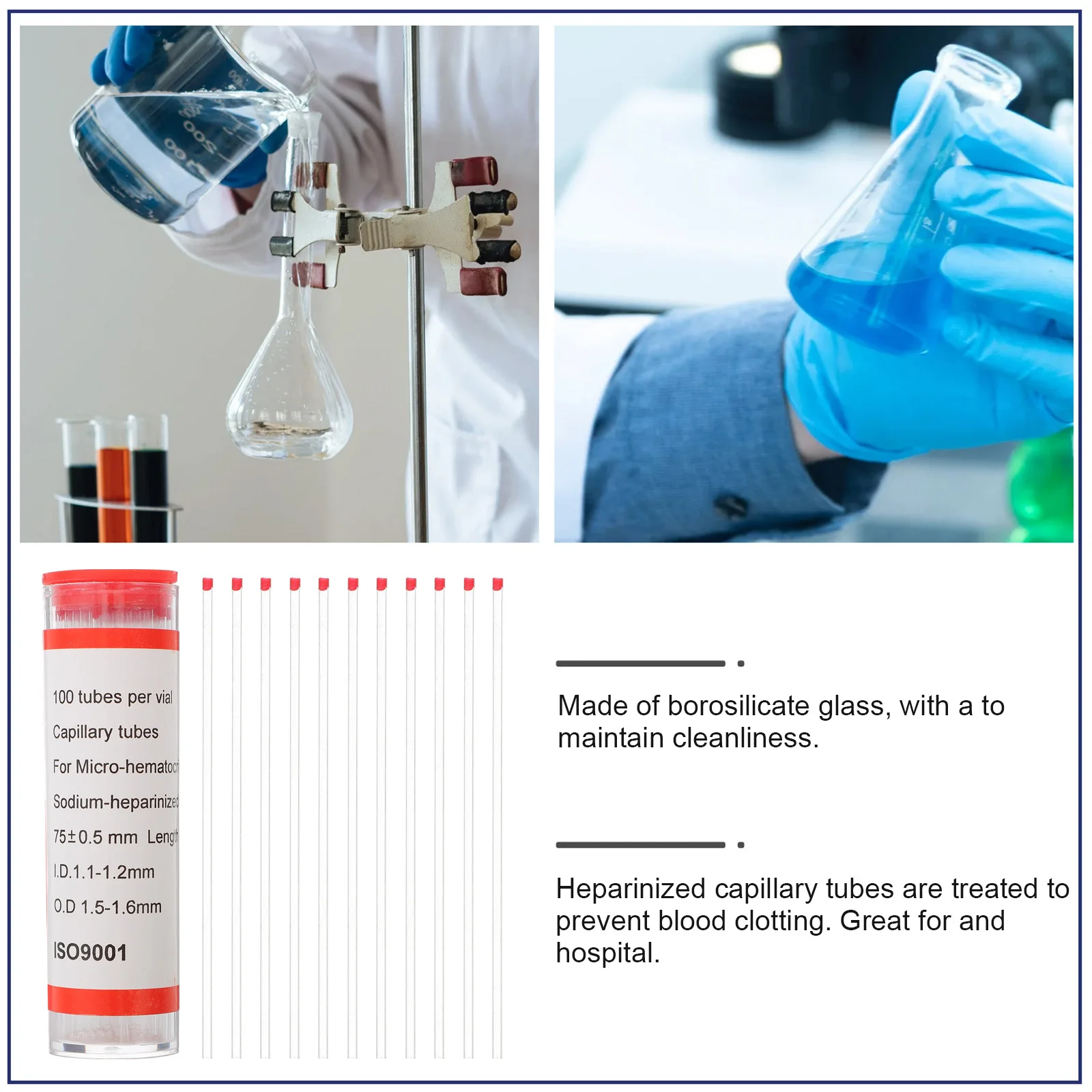 Universinisierte Kapillarröhrchen aus Borosilikatglas, Antikagulans, Mikro-Hämatocrit-Probenröhrchen für Krankenhäuser, Kapillarröhrchen