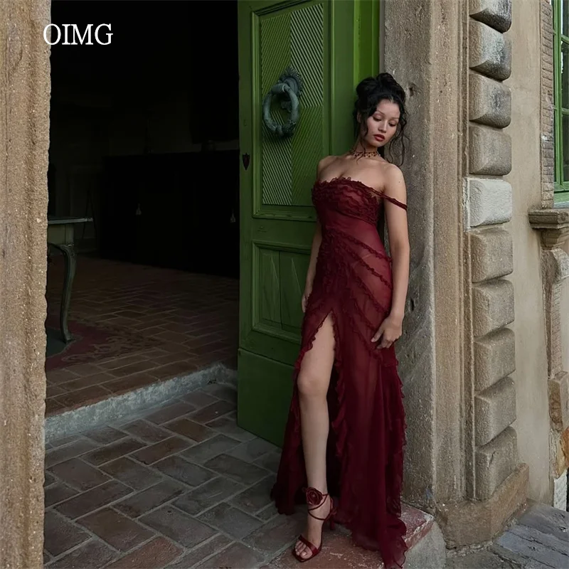 

OIMG Sexy Burgundy Off The Shoulder A Line Prom Gowns Chiffon Tiered Party Gown Side Slit Floor Length Evening Dress Customized