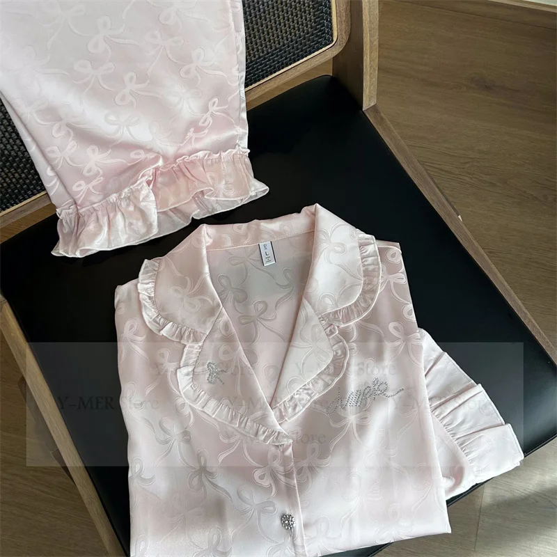 

Pink Bow Print Pajamas Suit Women Rayon Home Clothes Princess Kawaii Loungewear Nightwear Ice Silk Pijamas De Mujer Outfit
