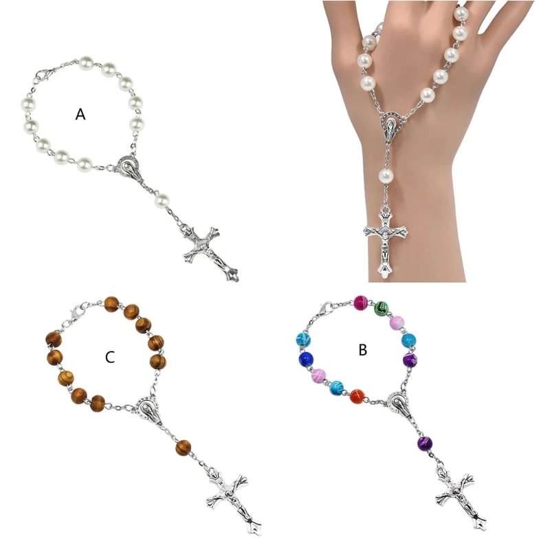 حبات اللؤلؤ التقليد للنساء ، الوردية الكاثوليكية ، التواصل المقدس ، أجنحة فضية اللون ، المعلقات الصليب ، يعرض سوار #4