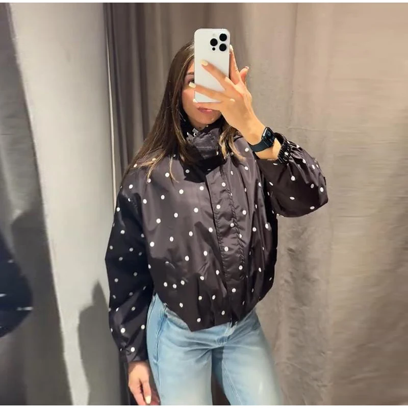 Damen Oversize-Mäntel mit Polka-Dot-Muster, Stehkragen, Langarm, Reißverschluss, Bomberjacken, Herbst, Damen, geraffte, lockere Jacke, neue Oberbekleidung – Detail 4