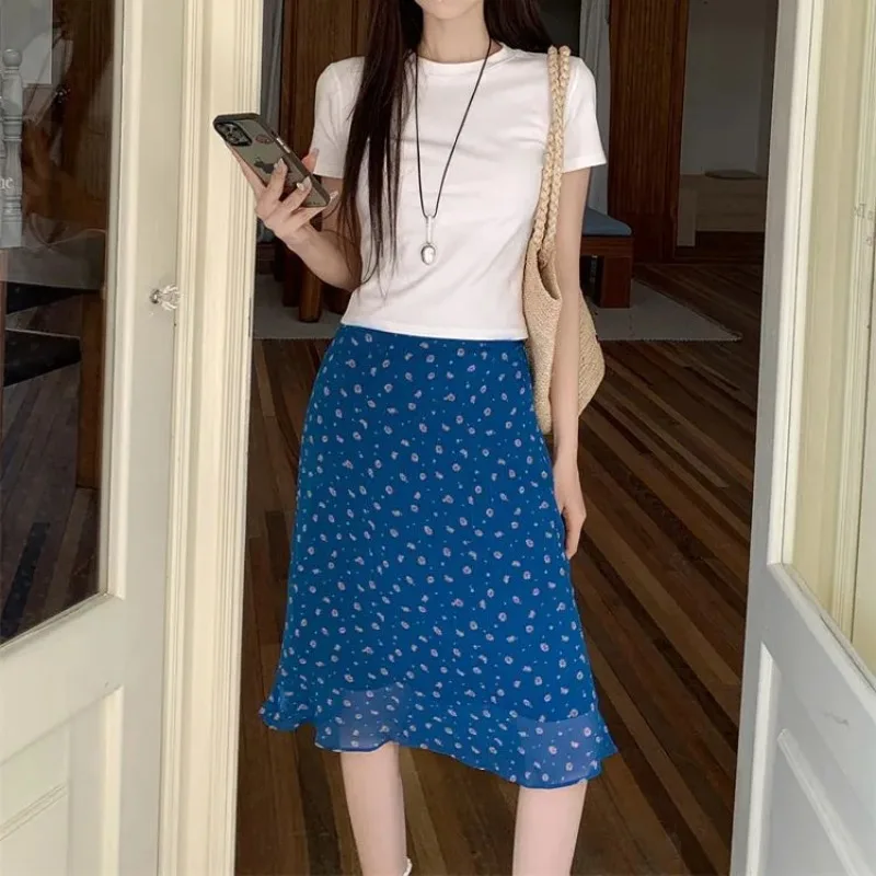 Vacation Style Broken Flowers Midi Skirts Female Clothing Vintage Printed Spring Summer High Waist A-Line Fashion Chiffon Skirts