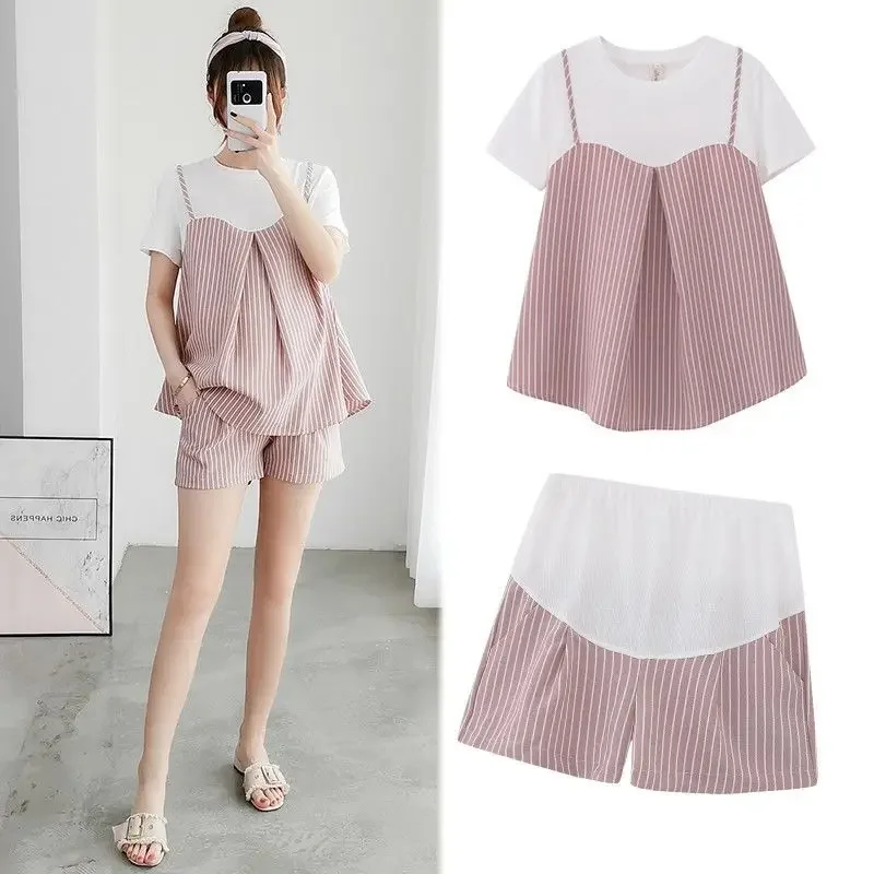 

2pcs Women Summer Pajamas Set Maternity Short Sleeve Nursing Baby Tops Breastfeeding Nightwear Home Wear Tops+shorts Pajamas Set