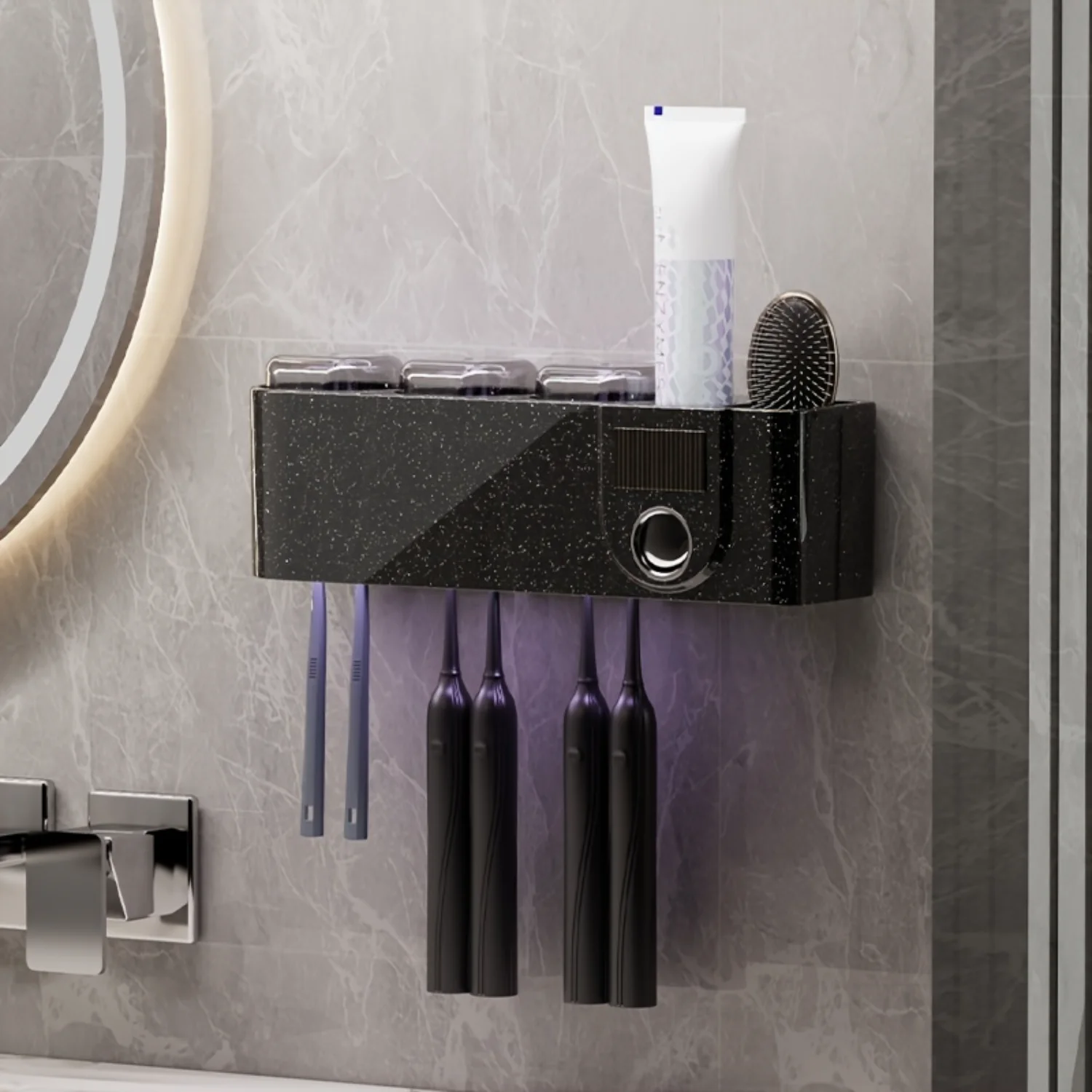 

Luxurious Wall-Mounted Toothbrush Cup Holder, Bathroom No-Drill Organizer With Rinse Cups, Toothpaste And Toothbrush Rack