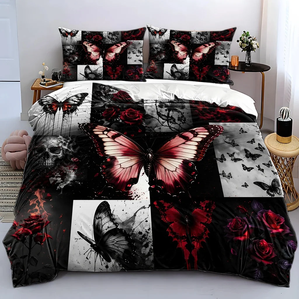 3Pc Dark Gothic Butterfly Rose Skull Duvet Cover Set, Bedding Set of Three Pieces (1*Duvet Cover + 2*Pillowcases), Gothic Style Red and Black Artistic Bedding, Suitable for All Seasons, Machine Washable, Invisible Zipper Design, Large Double Bed Cover, Suitable for Home, Dorm, Master Bedroom, Guest Room, Vintage Dark Aesthetic Bedding, Personalized Butterfly Rose Bedding Set, Skull and Flame Elements Duvet Cover Set, Trendy Dark Style Bedding Set