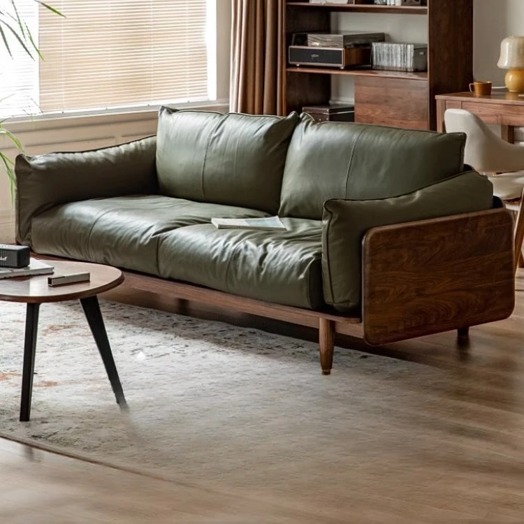 Schwarzes Walnuss-Sofa für kleine Wohnungen, neues chinesisches Leder-Sofa mit gerader Reihe