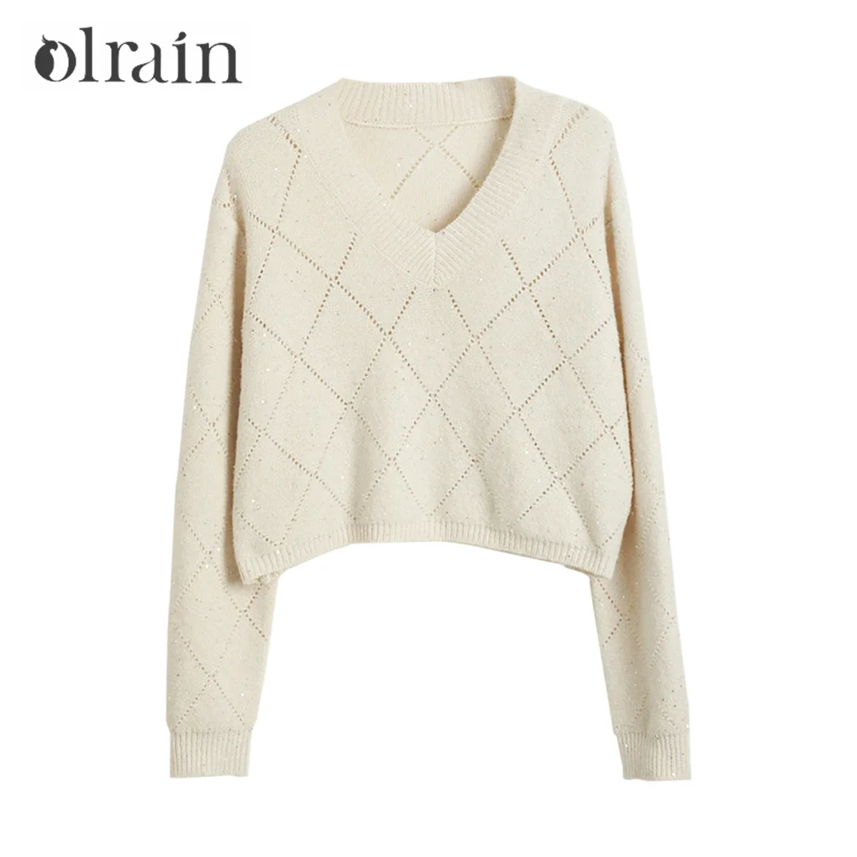 OLrain Sequined Knitted Pullovers for Women 2025 Autumn Loose Crzy Hollow  Bright Line Ladies Cropped Elegant Top N56QM93826