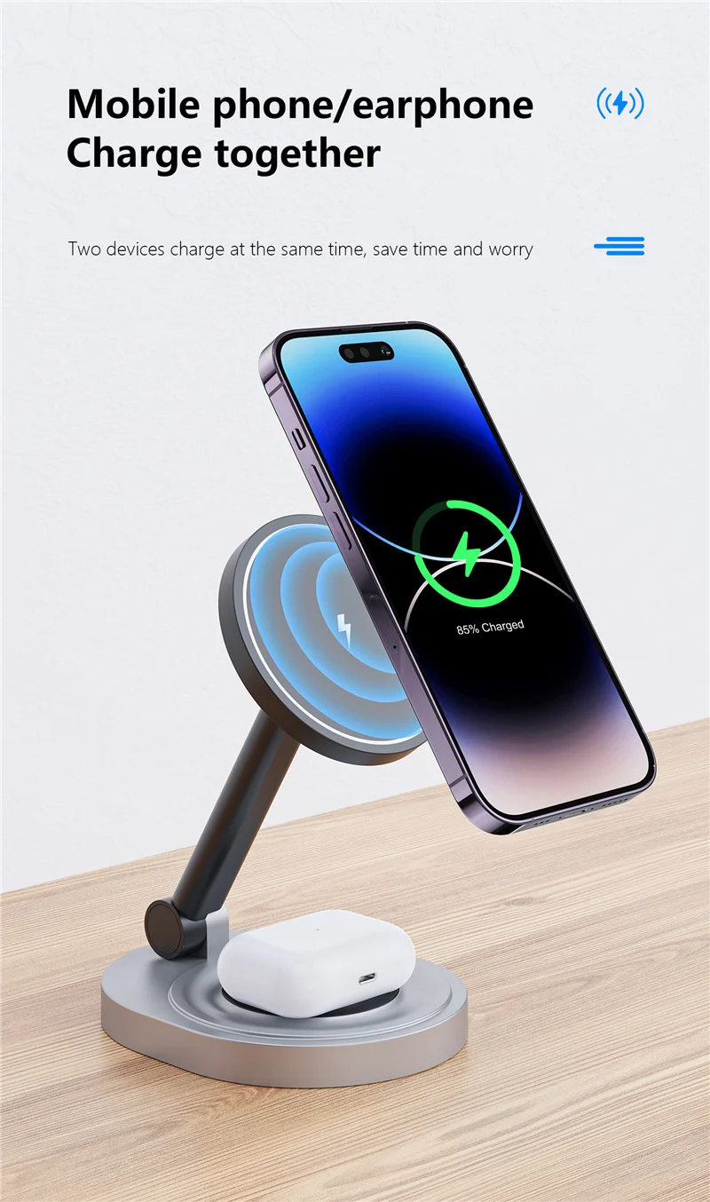 15 W 2 in 1 magnetischer kabelloser Ladeständer faltbar für iPhone 12 13 14 Mini Pro Max Apple Watch Airpods Schnellladestation – Detail 4