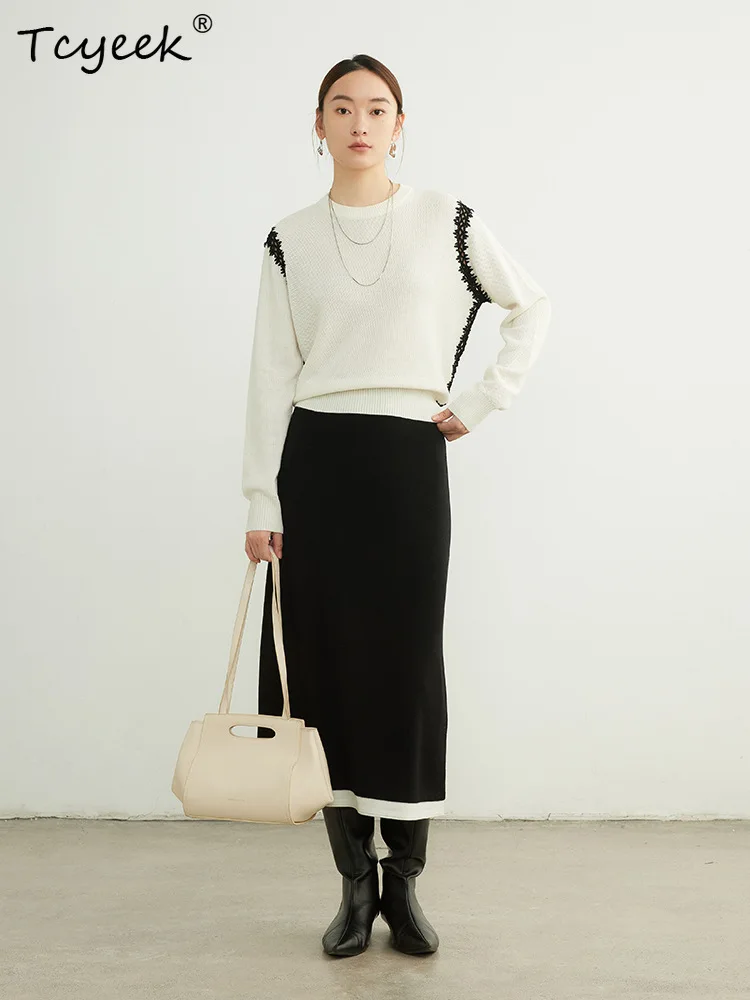 

Tcyeek, 32.4% Wool French Sweaters, Women Long Sleeve O Neck Crochet, Loose Soft OL Pullover, 2024 Autumn Winter New T47866QC