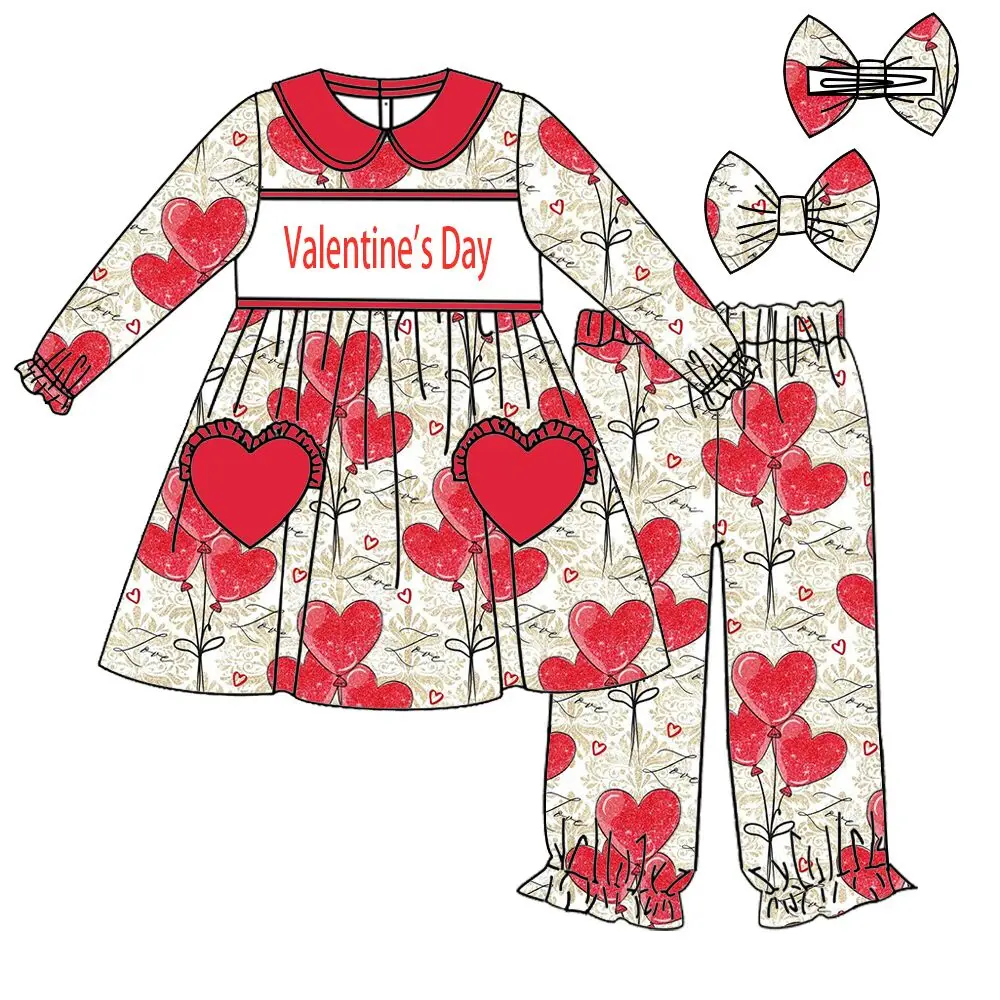 Valentine's Day latest design girls red heart-shaped print long-sleeved trousers with heart pockets matching bow headband boutiq