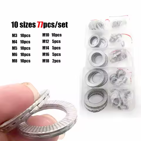 77pcs/set M3 to M18 304 Stainless Steel DIN25201 Double Deck Self-Locking Washer Wedge Loose Shock Proof Gasket Assortment Kit