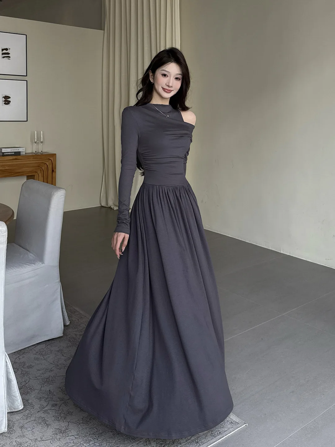 프렌치 스타일 투피스 그레이 오프숄더 드레스 여성 봄 가을 컷아웃 A라인 미디 드레스 우아한 솔리드 플레어 스커트 오피스룩