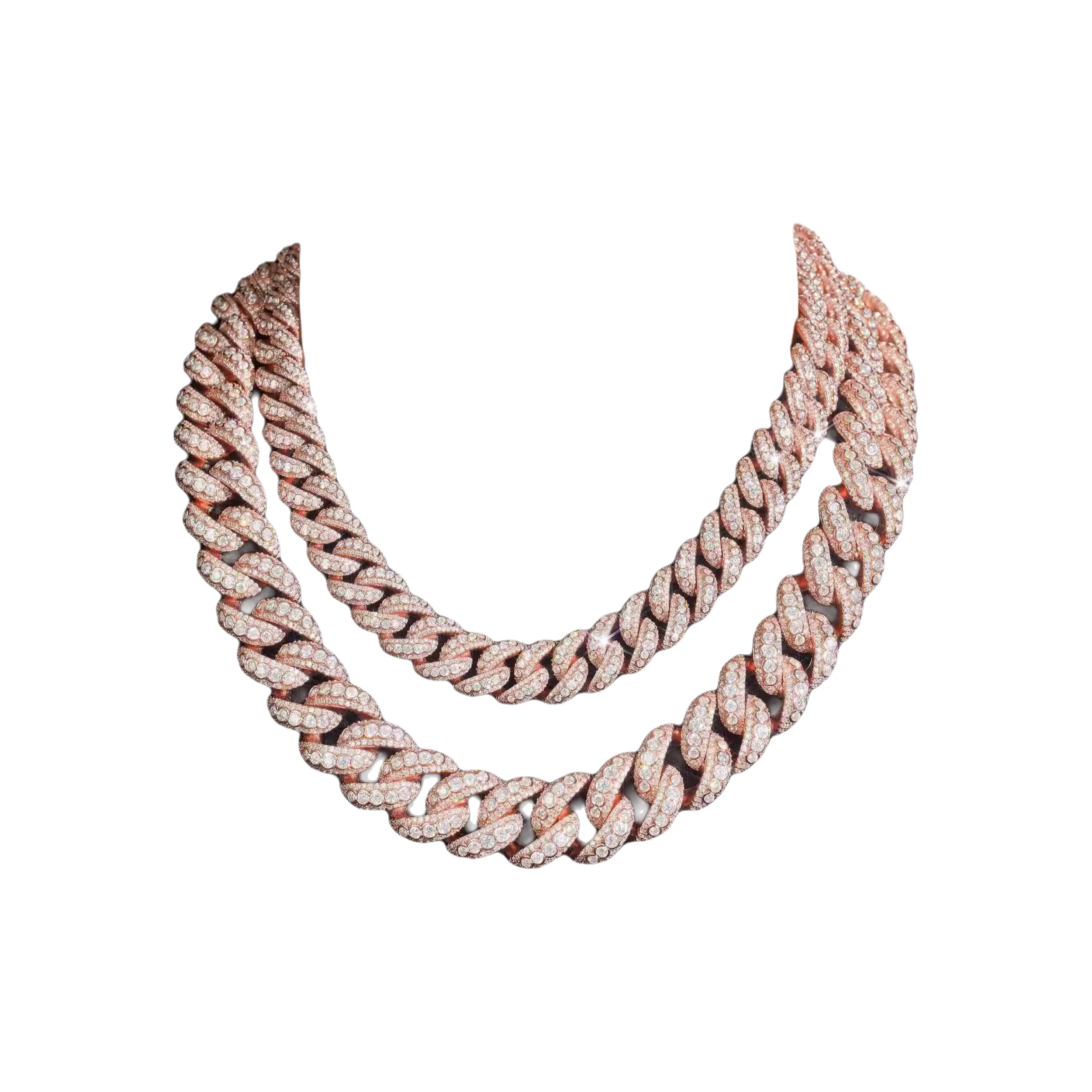 

Zuanfa Jewelry Bezel Set 15mm 20mm Moissanite Chain Cuban Links 925 Silver Oval Shape Cuban Link Chain Necklace Rose Gold Plated