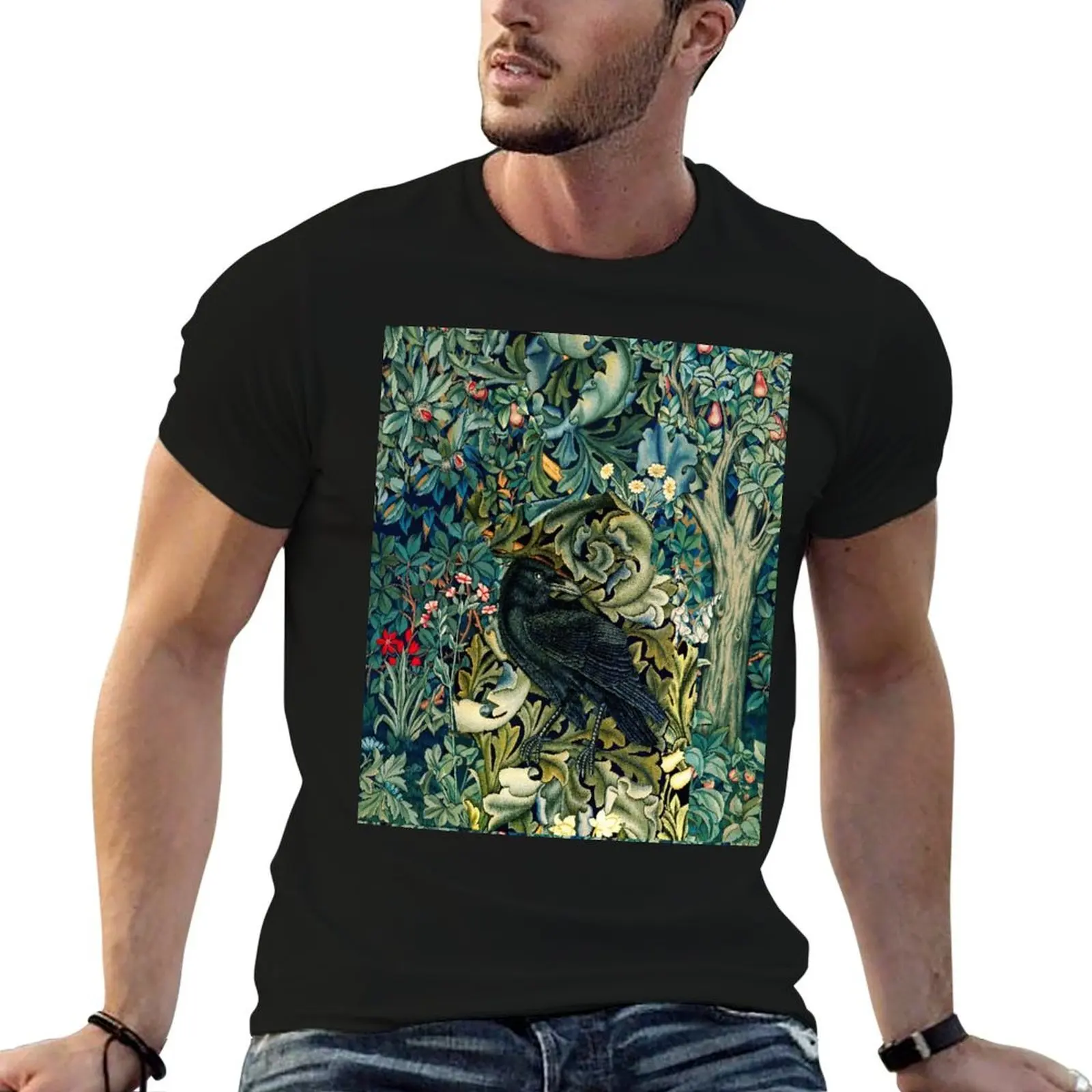

GREENERY, FOREST ANIMALS ,RAVEN ON ACANTHUS LEAVES Blue Green Floral T-Shirt t shirts for man graphic tees T-Shirt
