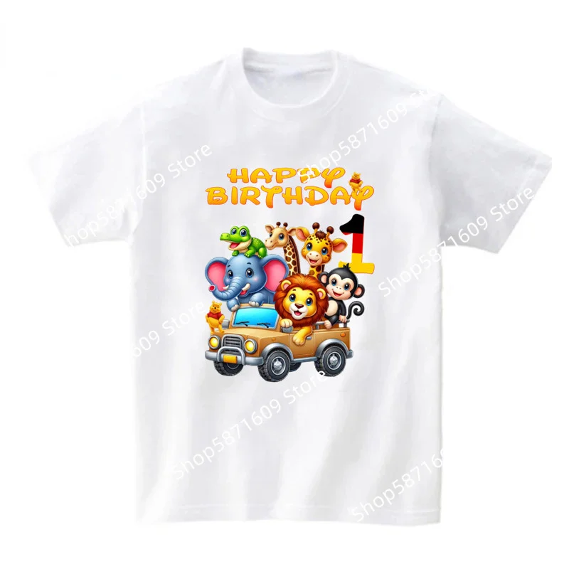 Family Themed Jungle Zoo Elephant Lion Monkey Giraffe Children's Printed T-shirt, Birthday Digital Boy and Girl T-shirt