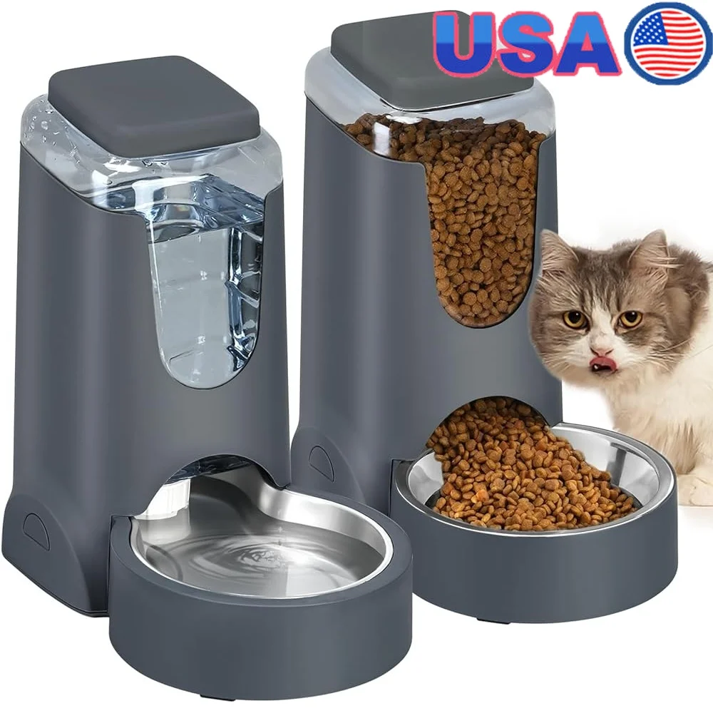 

Automatic Pet Feeder Water Dispenser Gravity Feed System Stainless Steel Bowl Cat Dog Food Water Station Small Medium Pets