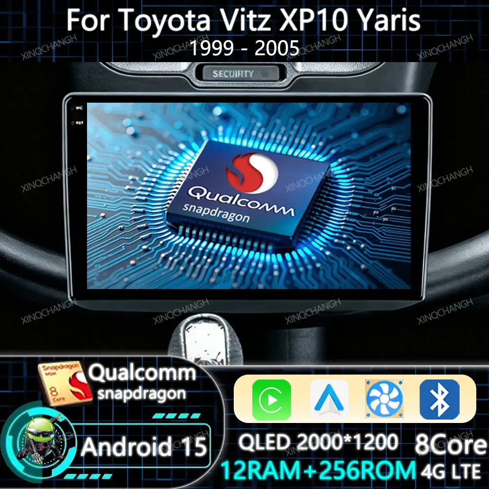 Автомобильный радиоприемник Android 15 Carplay Auto для Toyota Vitz XP10 Yaris Platz Echo 1999-2005 GPS Qualcomm QLED 4G LTE 5G WIFI головное устройство