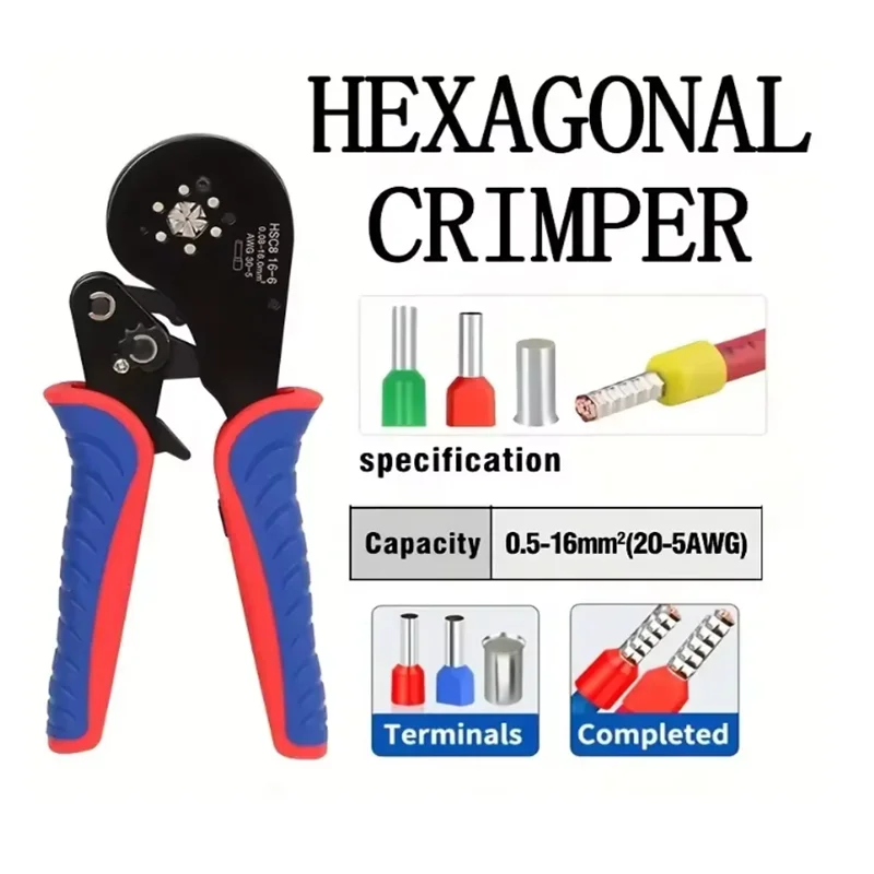 Ferrule Crimping Tool HSC8 16-6A Tubular Terminal Mini Pliers For Large Size Terminals Electrical Clamps 0.08-16mm²/30-5AWG