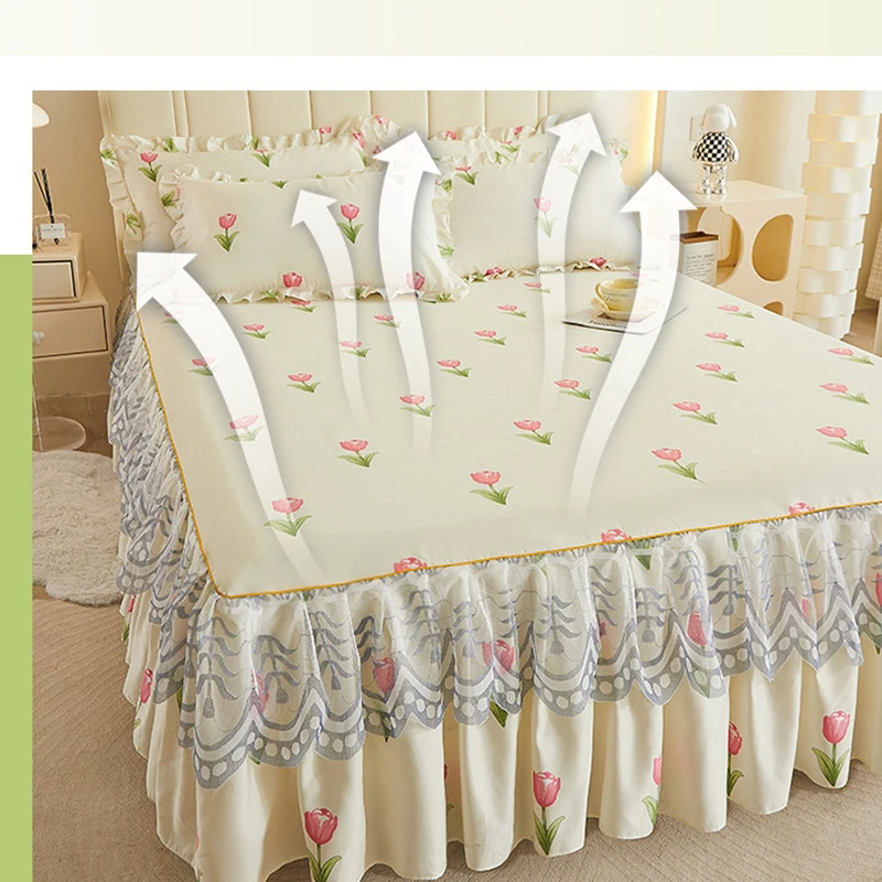 Fresh Flowers Lace Style Bed Spread Home Bedding Comfortable Bed Sheets and Pillowcases for Queen King Size Bed