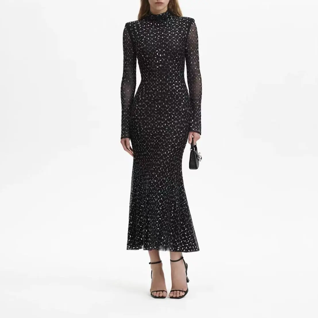 Women Beading black midi dress 2023 new fashion slim party long dress