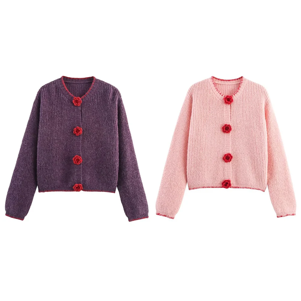 

Taop&Za women's autumn new product casual three-dimensional flower decoration round neck long sleeved knitted cardigan jacket