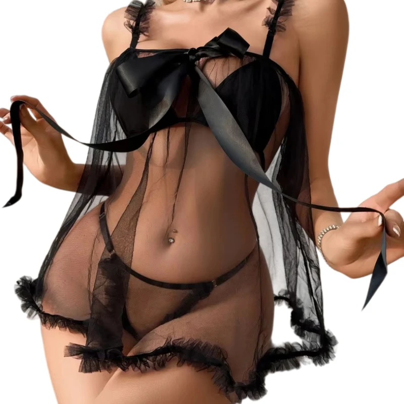 

Big Bowknot Babydolls Hot Sexy Lingerie Sets for Women Sweet See Through Tie Bra Exotic Night Dress with Thong Erotic Costumes