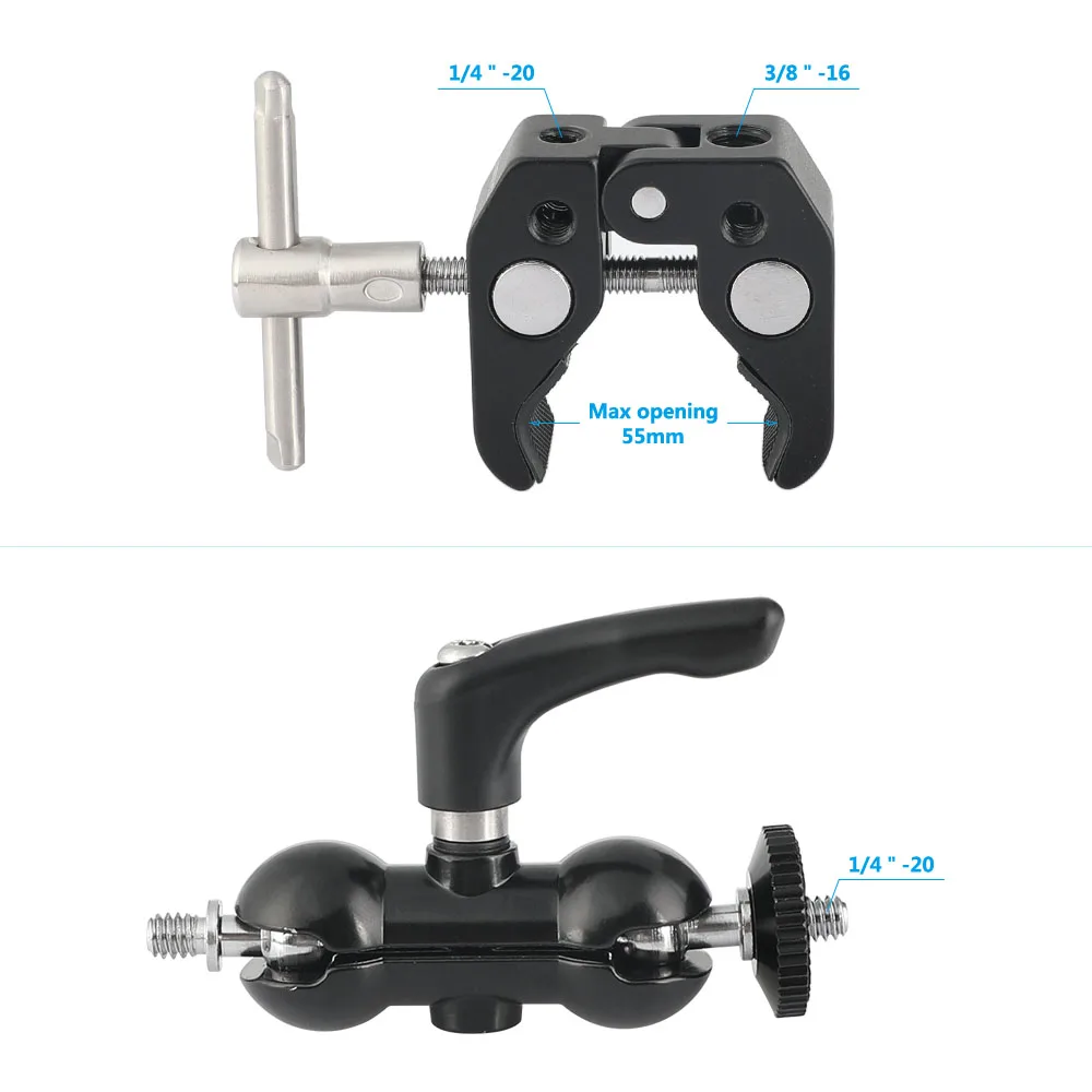 Morsetto Super granchio CAMVATE con attacco a testa sferica ruotato a 360 ° e filettature da 1/4 "per Monitor/luce LED/Action Camera/montaggio microfono