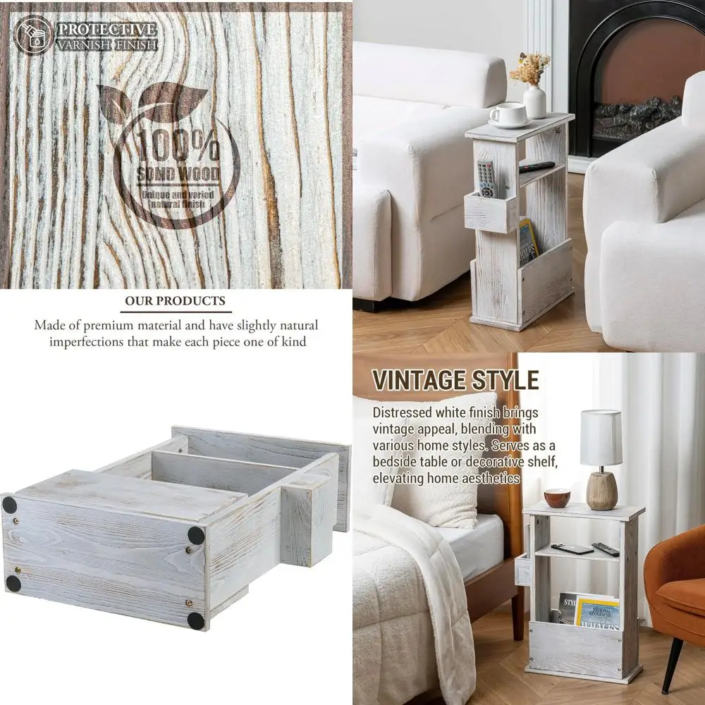 

Whitewashed Wooden Slim Side Table with Storage Shelf and Magazine Holder