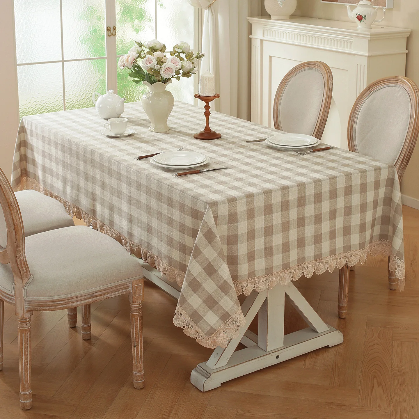 Vintage Plaid Tablecloth Faux Linen Lace Edge Dustproof Table Cover for Home Kitchen Decor