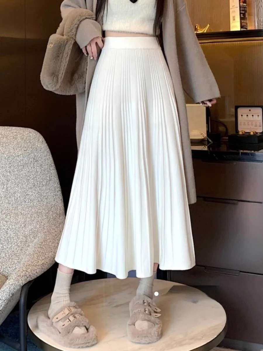 

Новая зимняя женская вязаная юбка А-силуэта с высокой талией, мягкая и удобная, миди-длина, простой дизайн, подходит для активного отдыха