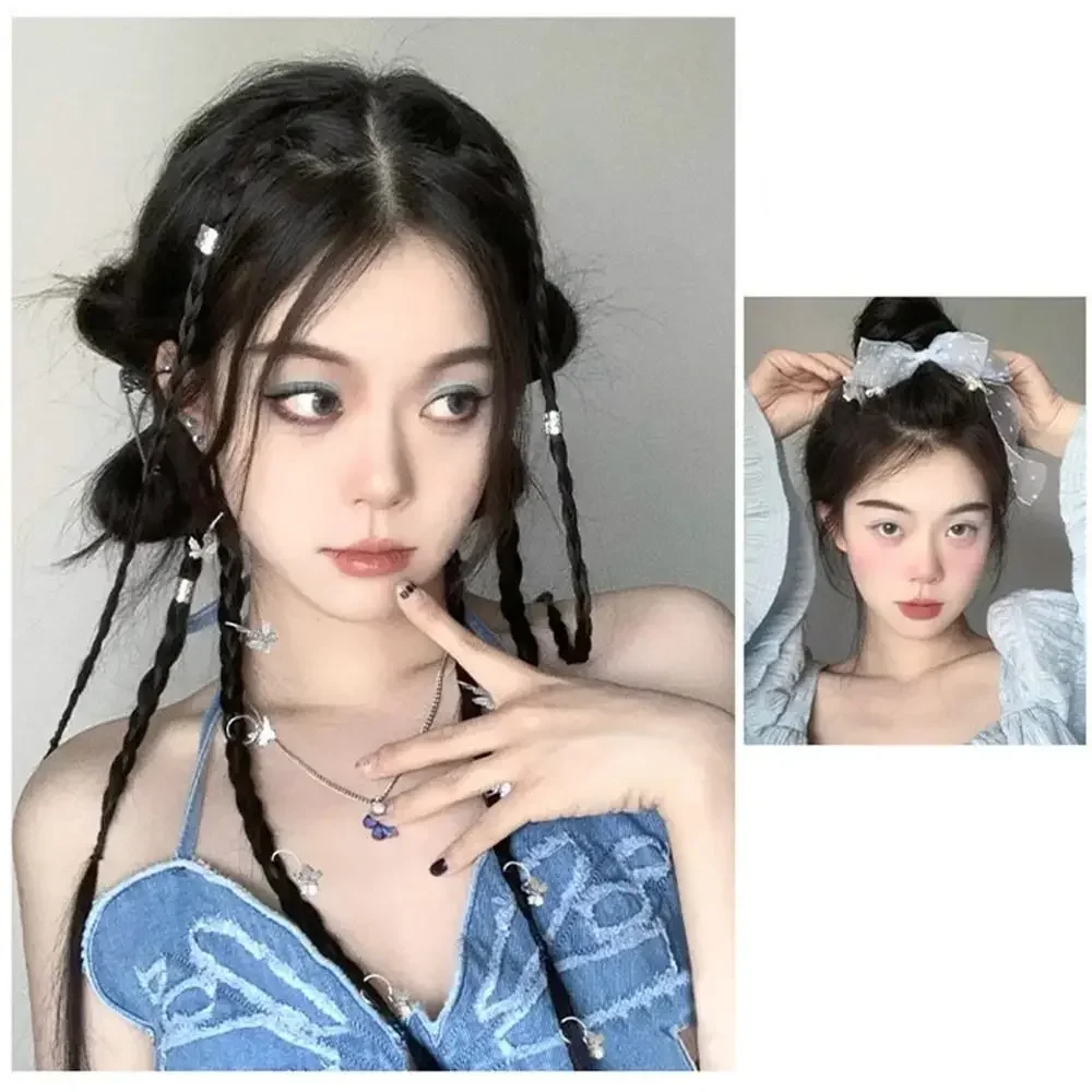 2PCS Colorful Ribbon Braid Synthetic Ponytail Extension Clip On Wig Sweet Boxing Style Bow Twist Hairpiece for Women Girls