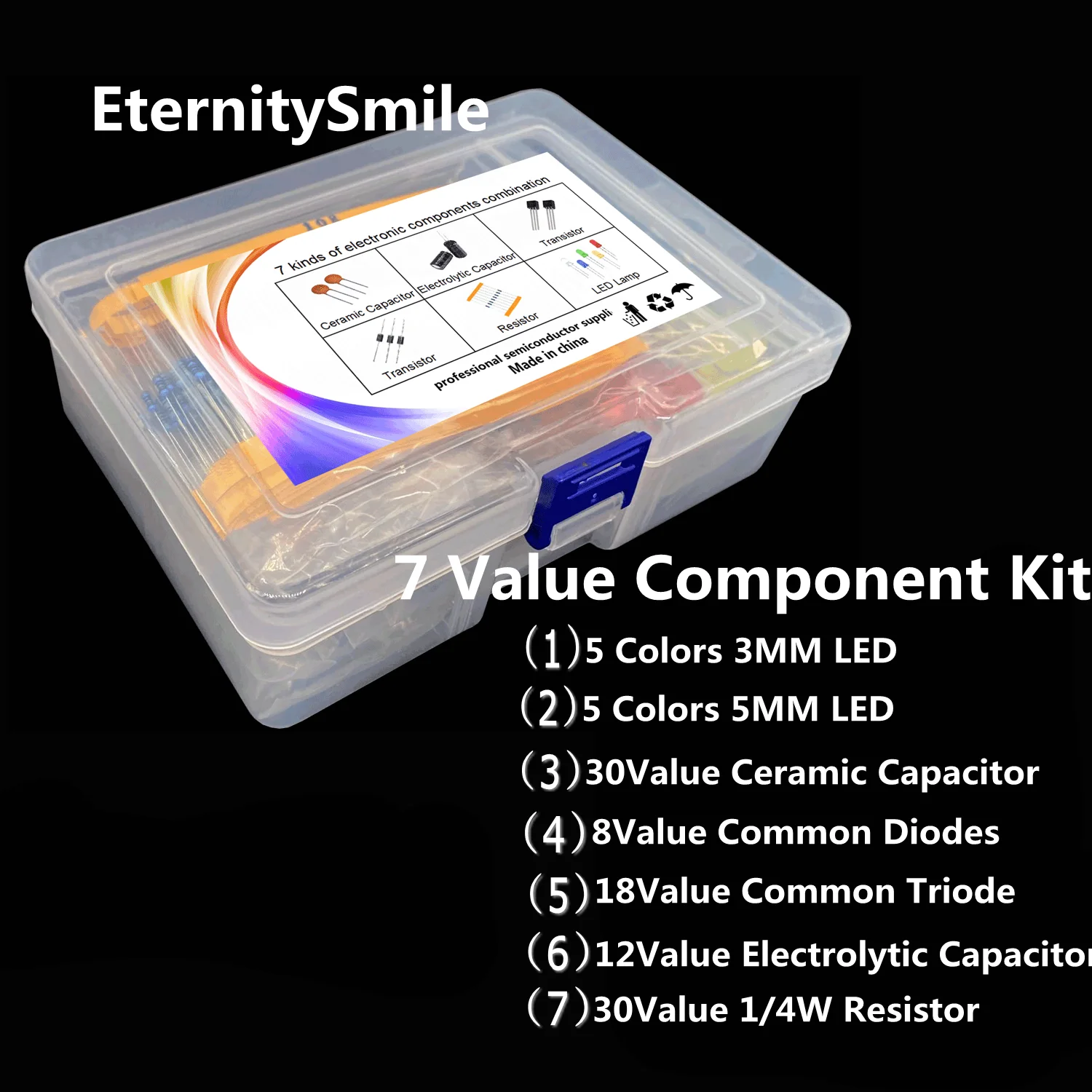 7 Value Components Big Kit 3/5MM LED Diodes and Triodes Ceramics Electrolytic Ceramics Capacitors Metal Film Resistors