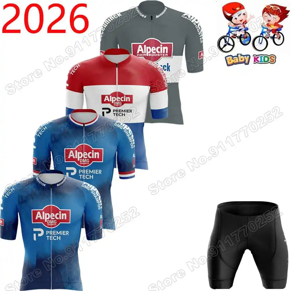 Conjunto de Maillot de Ciclismo Niños 2026 Alpecin-Premier-Tech Deceuninck,Ropa de ciclismo niños y niñas, campeón del mundo de Holanda Mathieu van der Poel,Traje de camisa de bicicleta de carretera niños,Pantalones