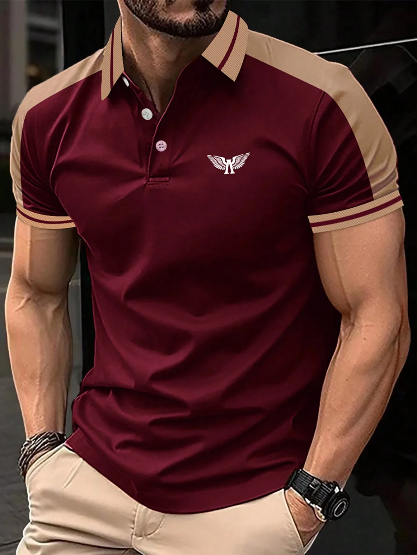 

Men's Contrast Color Wing Logo Short Sleeve Polo Shirt, Burgundy Beige Casual Fit