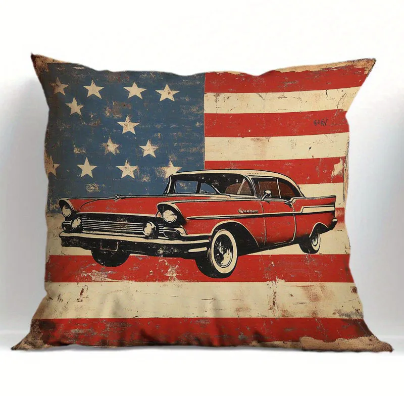 1Pc Vintage Route 66 American Flag Pillowcase, Decorative Cushion Cover for Office, Bedroom, Living Room, Car & Sofa