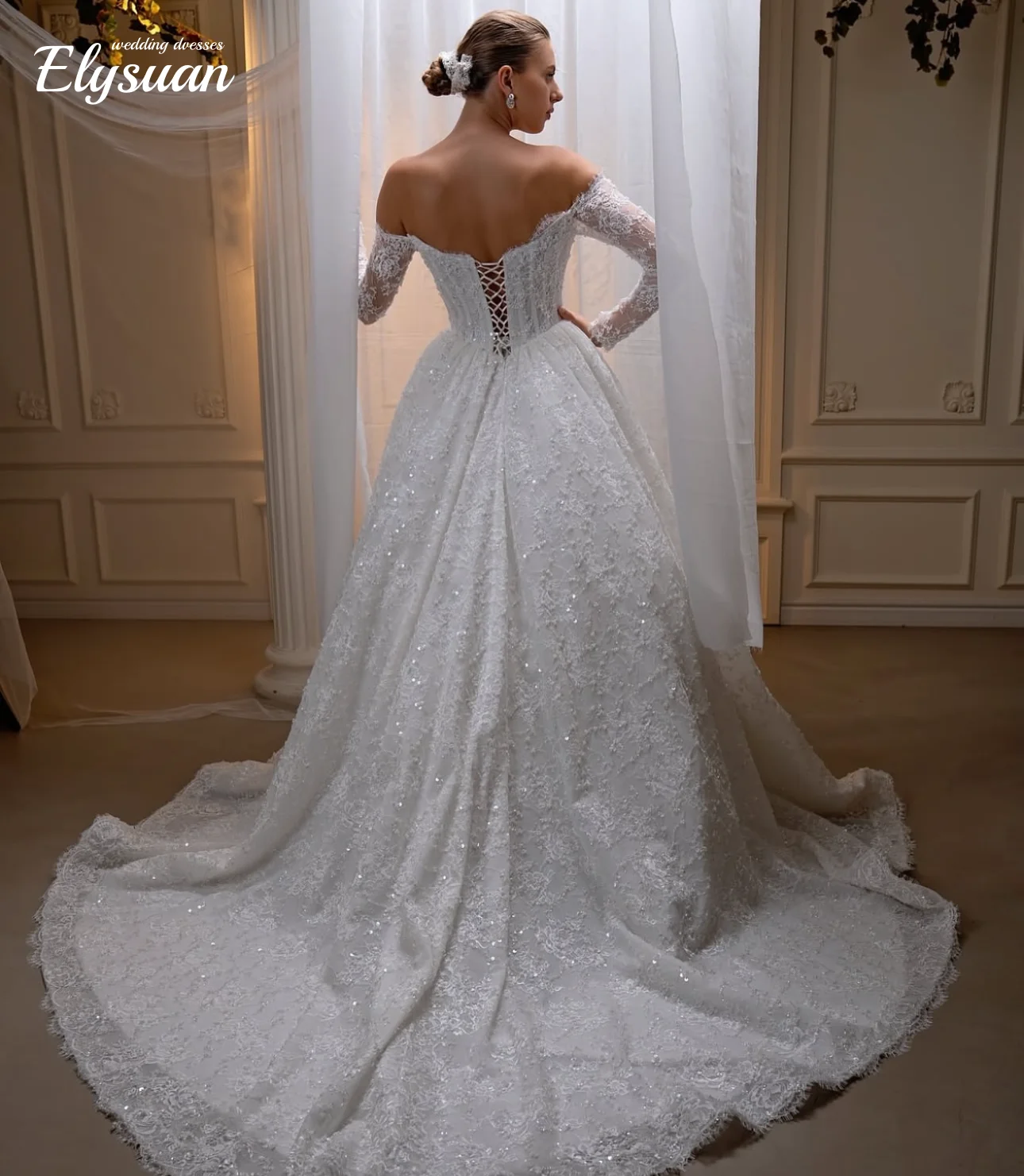 Vestido de novia personalizado con hombros descubiertos y escote en forma de corazón con cuentas bordadas, Vestido de novia de princesa, Vestido de novia