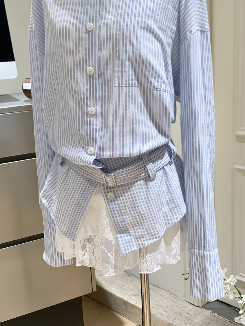 Женская белая кружевная рубашка с большим v-образным вырезом и синей полоской, облегающая талию, комплект из двух предметов, элегантный модный французский весенний новый топ